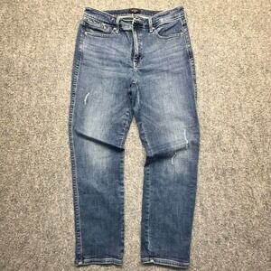 NYDJ Womens High Rise Straight Leg Jeans Blue Medium Wash Distressed Size 8